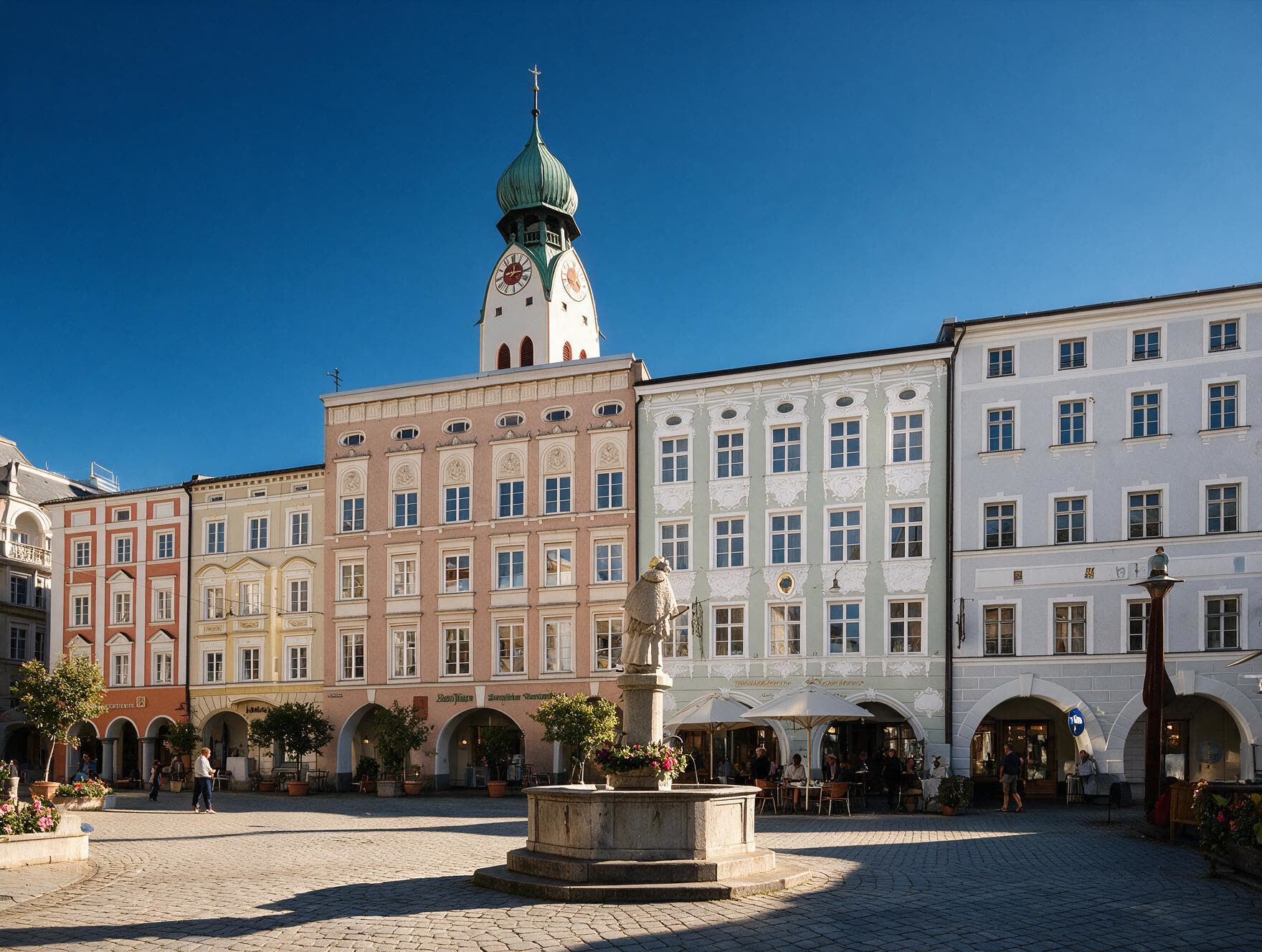 Max-Josefs-Platz in Rosenheim mit Kirchturm, Brunnen und Gastgärten in der Sonne